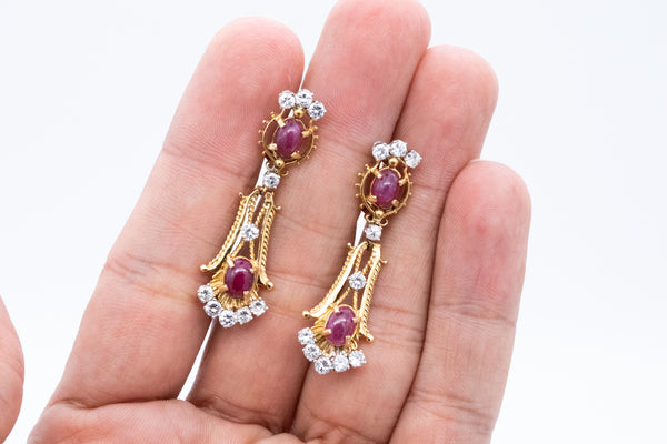 *Etruscan Revival 1950 pair of drop earrings in 18 kt yellow gold with 5.98 Ctw in diamonds & rubies