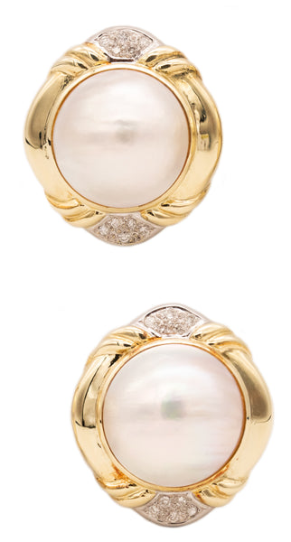 Italian Modern Pair Of Earrings In 14Kt Yellow Gold With 20 MM Mabe Pearls And Diamonds