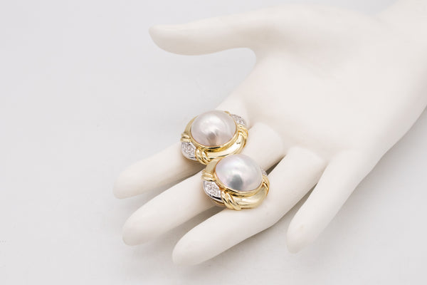 Italian Modern Pair Of Earrings In 14Kt Yellow Gold With 20 MM Mabe Pearls And Diamonds