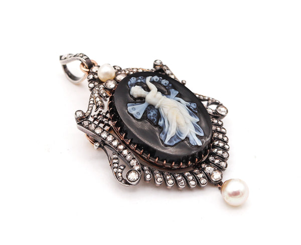 French 1860 Neo Classic Pendant Brooch In 18Kt Gold With Diamonds And Natural Pearls
