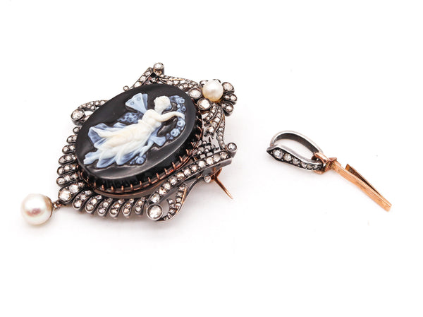 French 1860 Neo Classic Pendant Brooch In 18Kt Gold With Diamonds And Natural Pearls