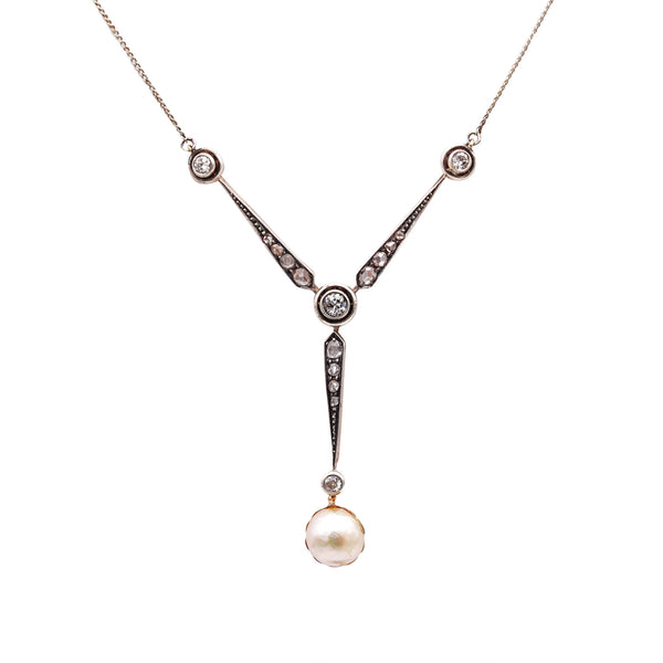 Edwardian 1910 Pearl Drop Y Drop Shape Necklace In 18Kt Gold With European Diamonds