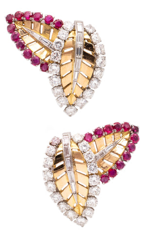 RAYMOND C. YARD 1950 EAR CLIPS IN 18 KT & PLATINUM WITH 5.62 Ctw OF DIAMONDS AND RUBIES