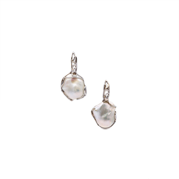 Italian Drop Dangle Earrings In 18Kt White Gold With 20 mm Baroque White Pearls