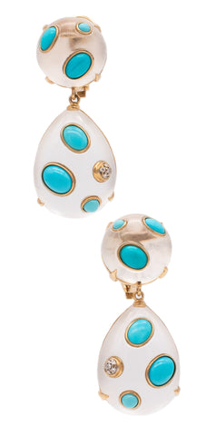 *Seaman Schepps Trianon 18 kt gold Rare drop earrings with turquoise, rock crystal & diamonds