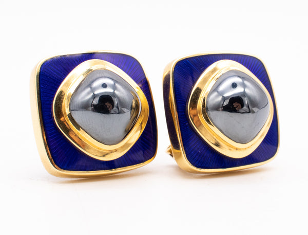 Tiffany Co By Leo De Vroomen Pair Of Enameled Clips Earrings In 18Kt Yellow Gold With 24 Cts In Hematite