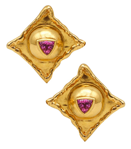 -Jean Mahie Paris Squared Earrings in Textured 22Kt Yellow Gold With 4.42 Cts Pink Sapphires
