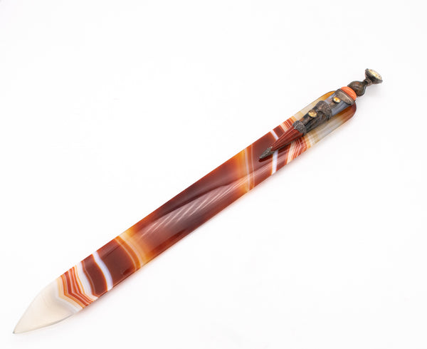 +Scotland Scottish 1880-1900 Antique Letter Opener In Sterling Silver With Agate Topaz & Coral