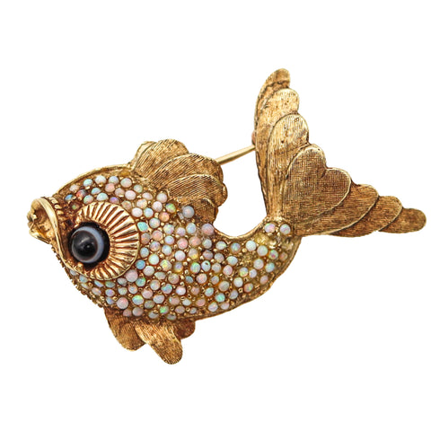 -Italian 1960 Modernist Fish Brooch In 18Kt Yellow Gold With Australian Opals