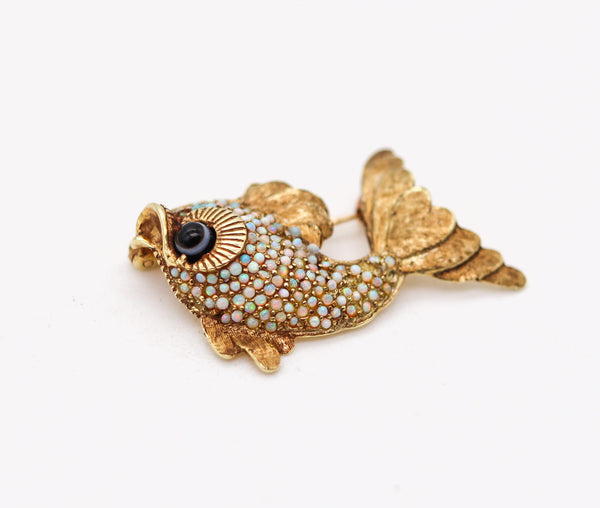 -Italian 1960 Modernist Fish Brooch In 18Kt Yellow Gold With Australian Opals