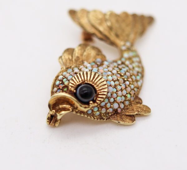 -Italian 1960 Modernist Fish Brooch In 18Kt Yellow Gold With Australian Opals