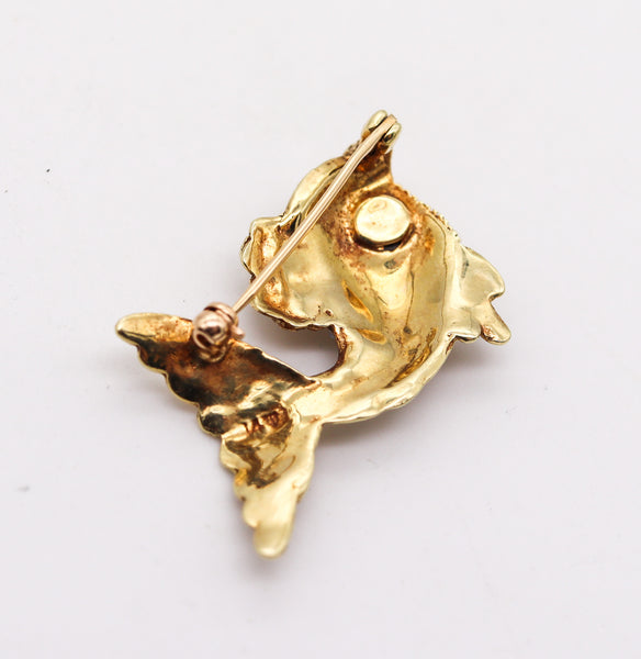 -Italian 1960 Modernist Fish Brooch In 18Kt Yellow Gold With Australian Opals