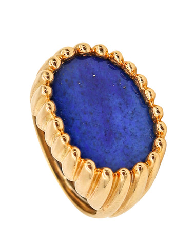 Italian Tartelette Signet fluted Ring In 18Kt Yellow Gold With 7.74 Cts Blue Lapis Lazuli