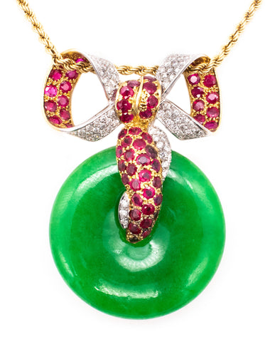 JEWELLED PENDANT-BROOCH IN 18 KT WITH 26.21 Ctw IN IMPERIAL JADEITE DIAMONDS & RUBIES