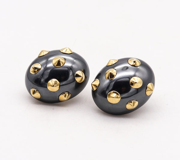 Angela Cummings Studios Rare Geometric Spikes Clip Earrings In 18Kt Gold With Hematite