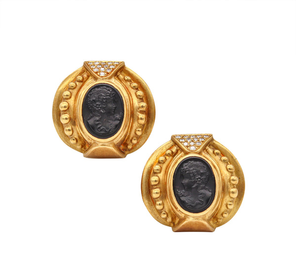 Etruscan Revival Earrings In 18Kt Gold With 9.78 Cts In Diamonds And Carved Onyxes Cameos