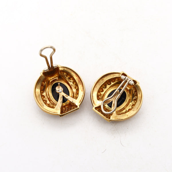 Etruscan Revival Earrings In 18Kt Gold With 9.78 Cts In Diamonds And Carved Onyxes Cameos