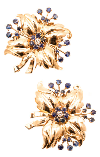 TIFFANY & CO. VINTAGE 14 KT GOLD BROOCH CLIPS WITH 4.30 Ctw IN DIAMONDS AND SAPPHIRES