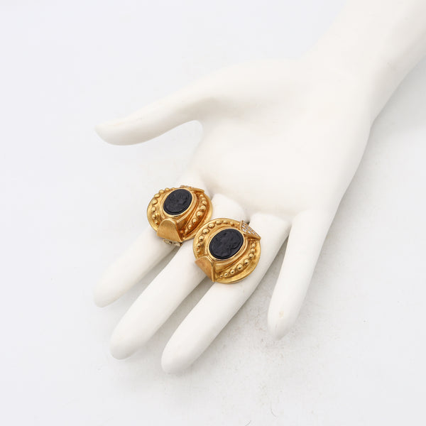 Etruscan Revival Earrings In 18Kt Gold With 9.78 Cts In Diamonds And Carved Onyxes Cameos