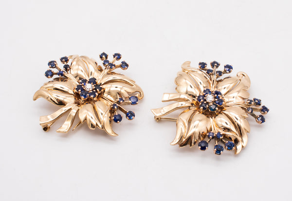 TIFFANY & CO. VINTAGE 14 KT GOLD BROOCH CLIPS WITH 4.30 Ctw IN DIAMONDS AND SAPPHIRES