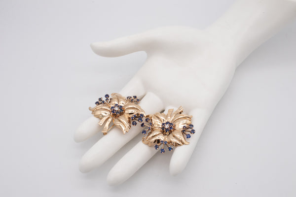 TIFFANY & CO. VINTAGE 14 KT GOLD BROOCH CLIPS WITH 4.30 Ctw IN DIAMONDS AND SAPPHIRES