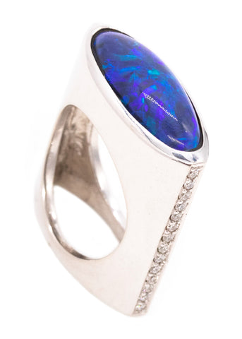 -Artistic Geometric Ring In 18Kt With 5.58 Ctw In Black Opal And Diamonds