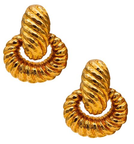 Modernist 1970 Door Knockers Clip Earrings In Solid Textured 18Kt Yellow Gold