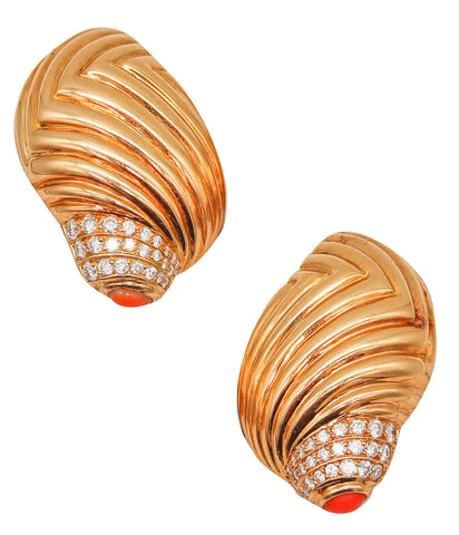 Boucheron Paris Modernist Clip on Earrings In 18Kt Gold With 2.68 Cts In Diamonds And Coral