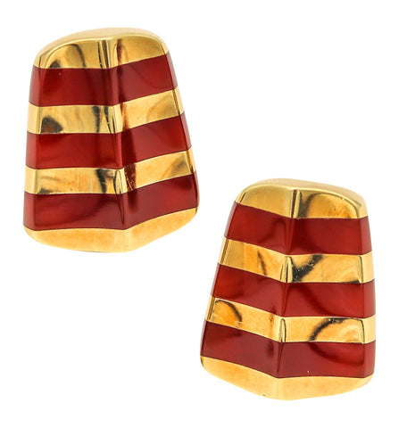 Angela Cummings 1984 Sculptural Clip Earrings in 18kt Yellow Gold With Carved Carnelian