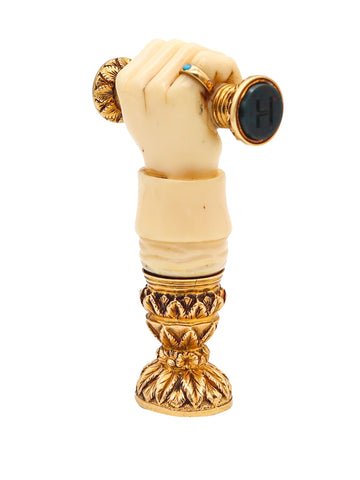 -English 1850 Ducal Desk Triple Seal In 18Kt Yellow Gold With Bloodstone And Carnelian