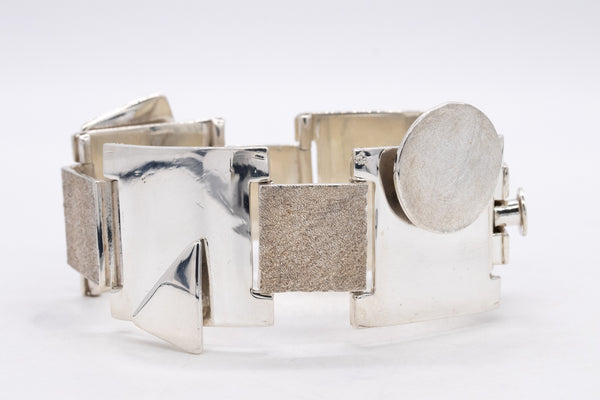 German 1970 Architectural Geometric Bold Bracelet In Solid .925 Sterling Silver