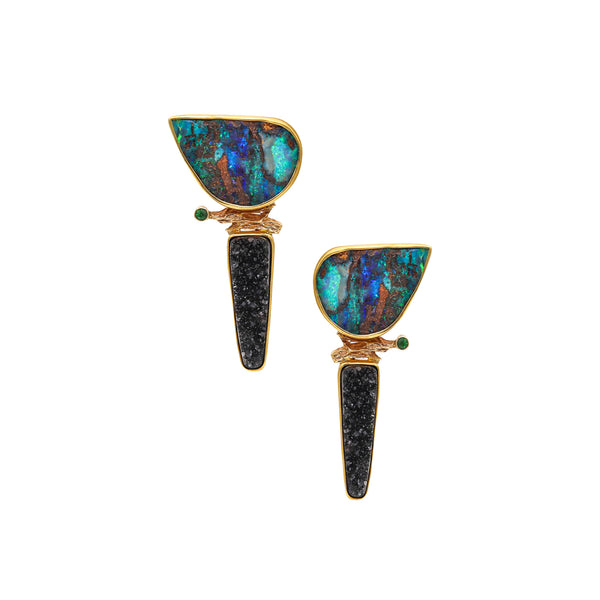 Jennifer Kalled Studio Modernist Drop Clip Earrings In 18Kt Gold With Opals Tsavorite & Druzy
