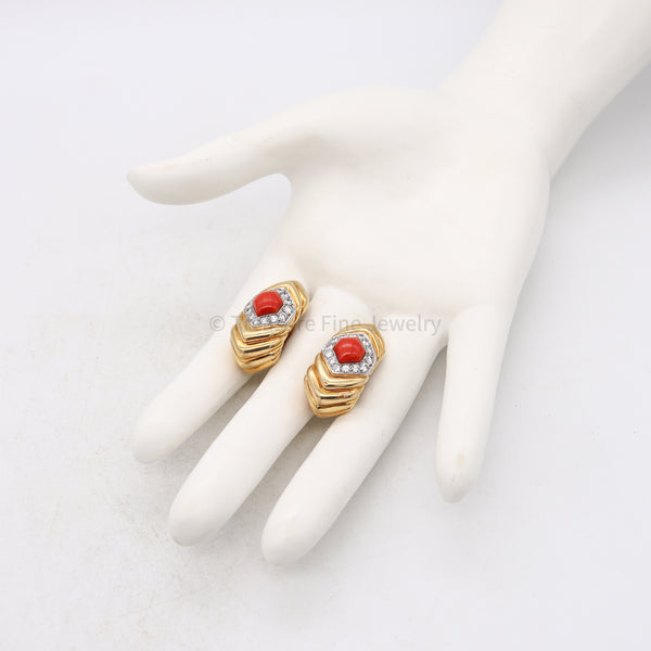 Charles Turi New York Clips Earrings In 18Kt Gold With 5.96 Cts In Diamonds And Red Corals