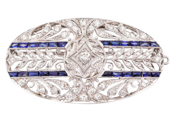-Edwardian 1910 Pendant Brooch In Platinum With 2.35 Ctw In Diamonds And Sapphires