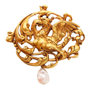 -Gaston Lafitte 1890 French Art Nouveau Griffin Brooch In 18Kt Gold With Pearl