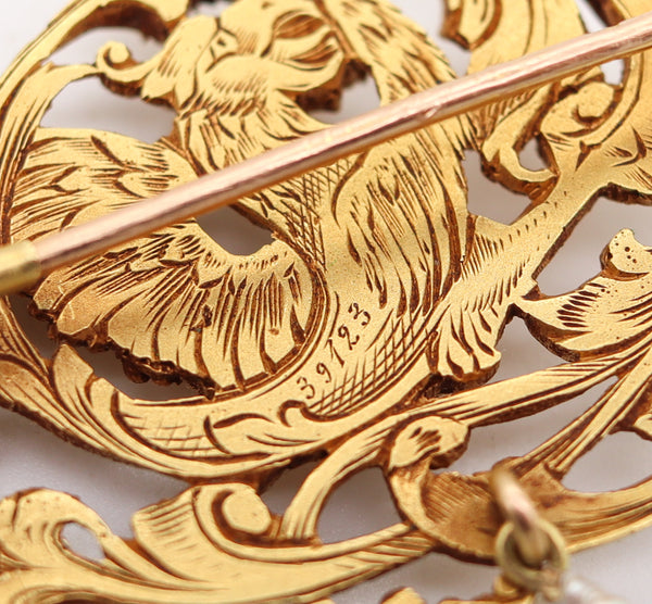 -Gaston Lafitte 1890 French Art Nouveau Griffin Brooch In 18Kt Gold With Pearl