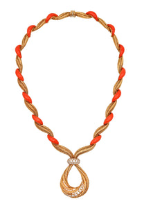 French 1970 Fluted Coral Necklace In 18Kt Yellow Gold With 1.82 Cts In VS Diamonds