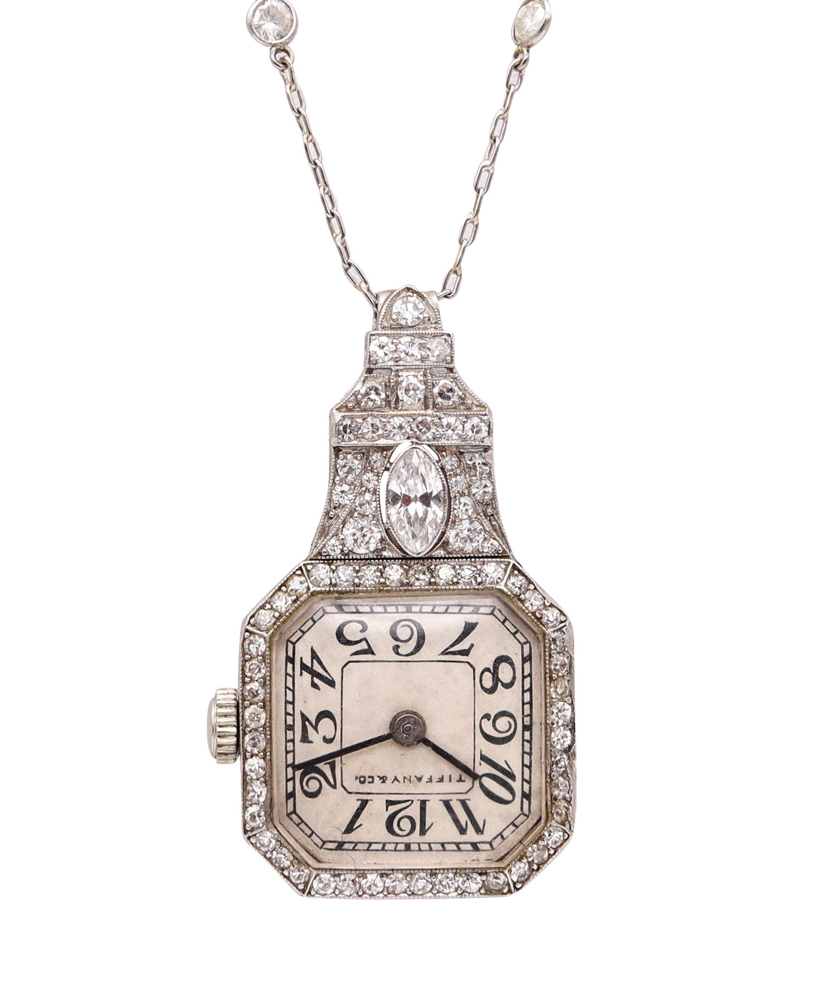 -Tiffany Co. 1918 Art Deco Watch Necklace In Platinum With 4.03 Ctw Diamonds