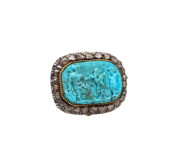 -English Georgian 1780 Ring In 14Kt Gold And Silver With Diamonds And Turquoise