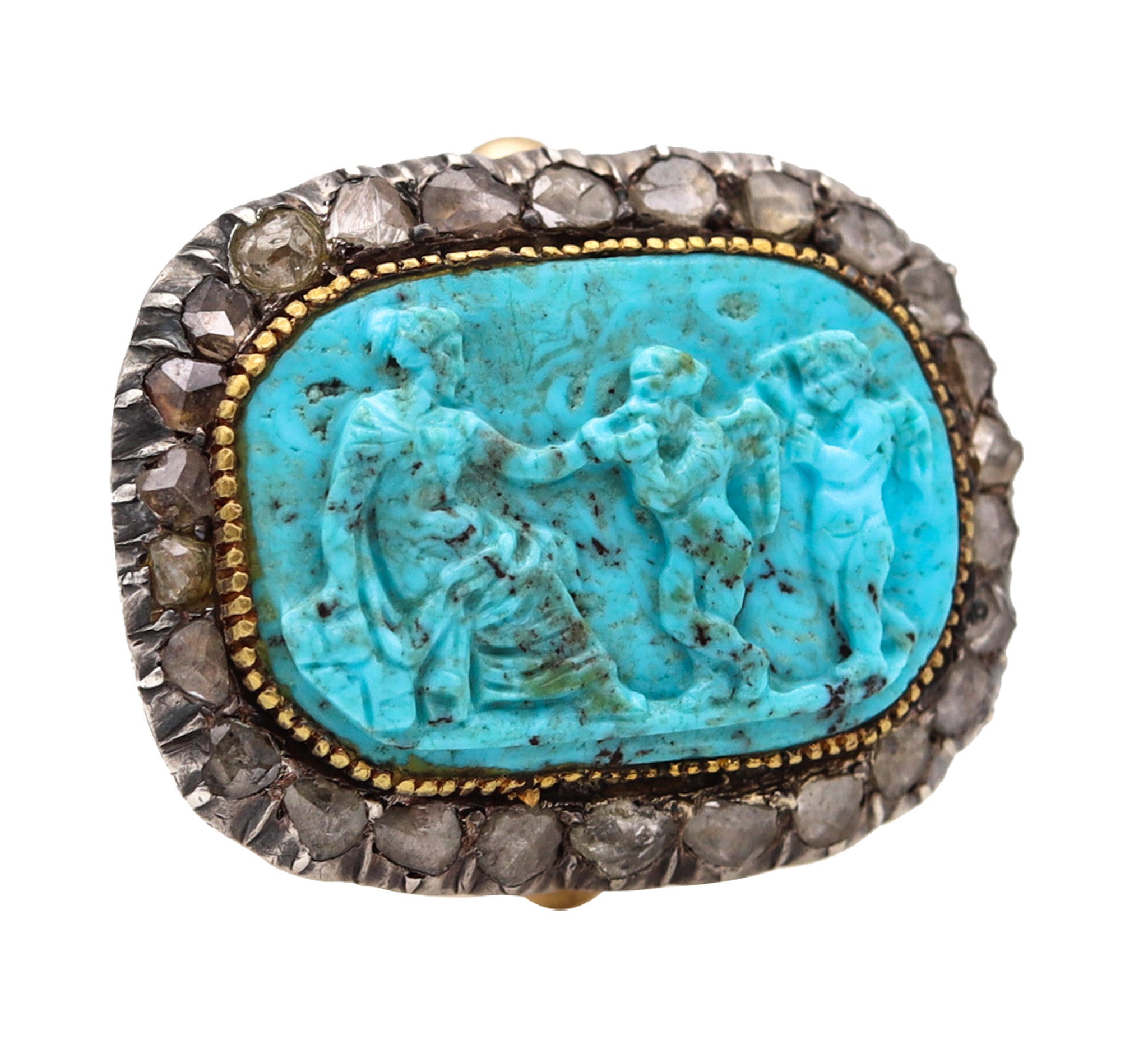 -English Georgian 1780 Ring In 14Kt Gold And Silver With Diamonds And Turquoise