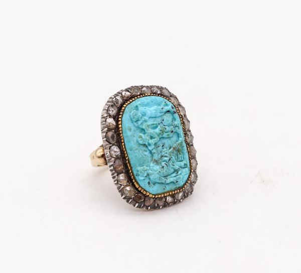 -English Georgian 1780 Ring In 14Kt Gold And Silver With Diamonds And Turquoise