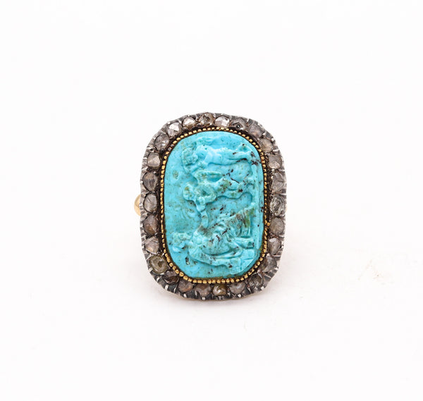 -English Georgian 1780 Ring In 14Kt Gold And Silver With Diamonds And Turquoise