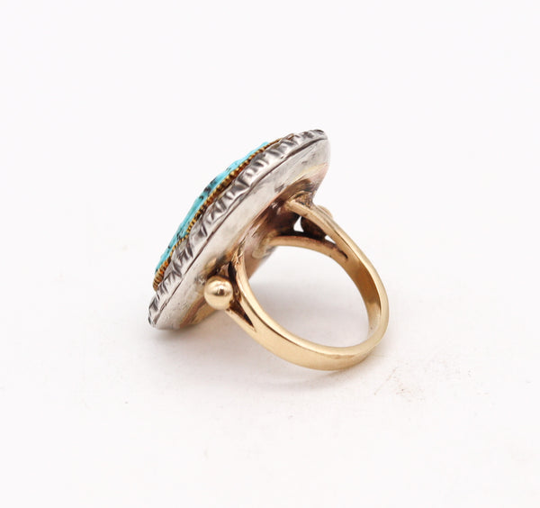 -English Georgian 1780 Ring In 14Kt Gold And Silver With Diamonds And Turquoise