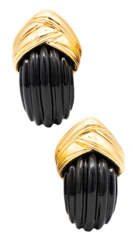 CHARLES TURI 18 KT YELLOW GOLD EARRINGS WITH CARVED BLACK ONYX