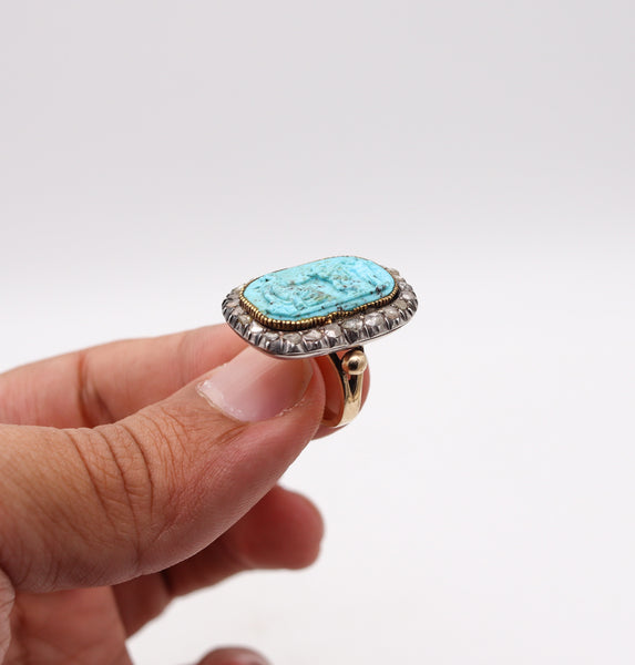 -English Georgian 1780 Ring In 14Kt Gold And Silver With Diamonds And Turquoise