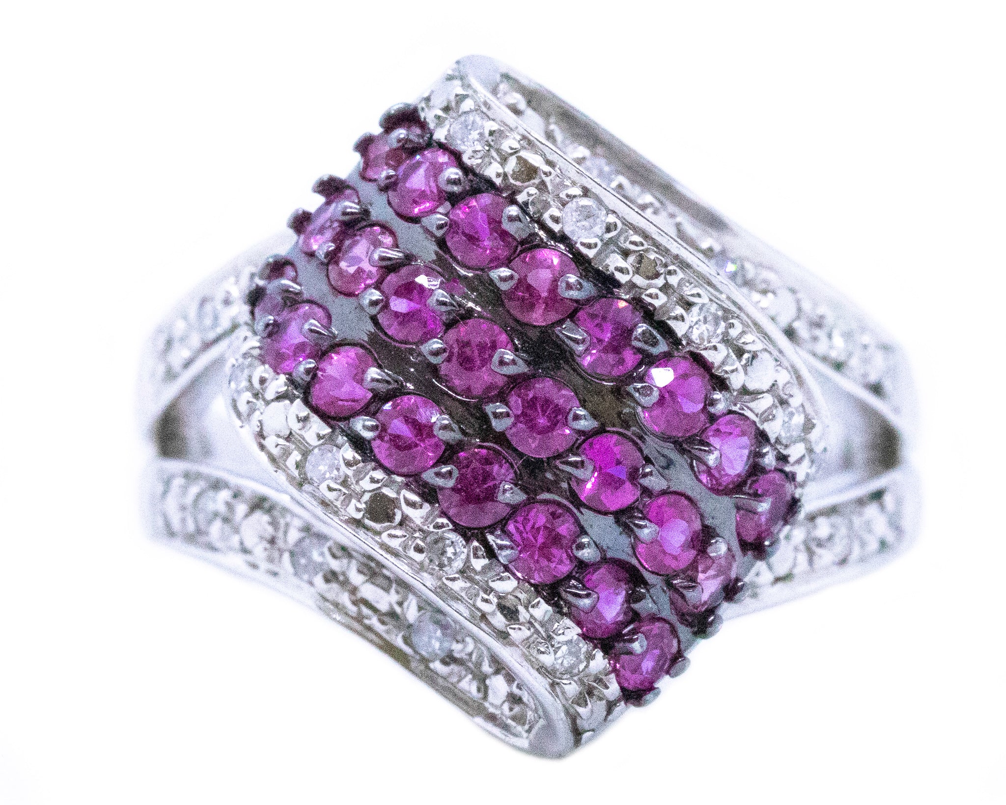 *Italian modern ring in 14 kt white gold with 1.36 Cts in Diamonds and Rhodolite