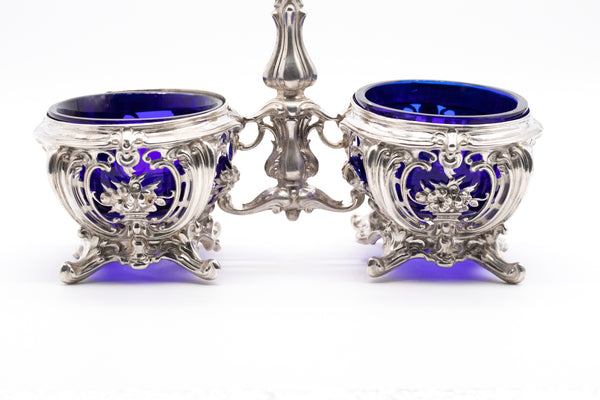 FRANCE ART NOVEAU 1900 STERLING SILVER .950 CRUET SET WITH BLUE GLASS