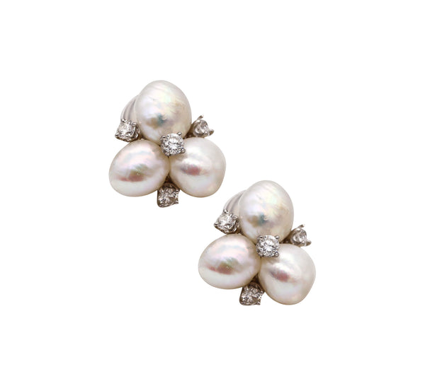 -William Ruser 1950 Clip On Earrings In Platinum With Natural Pearls And Diamonds