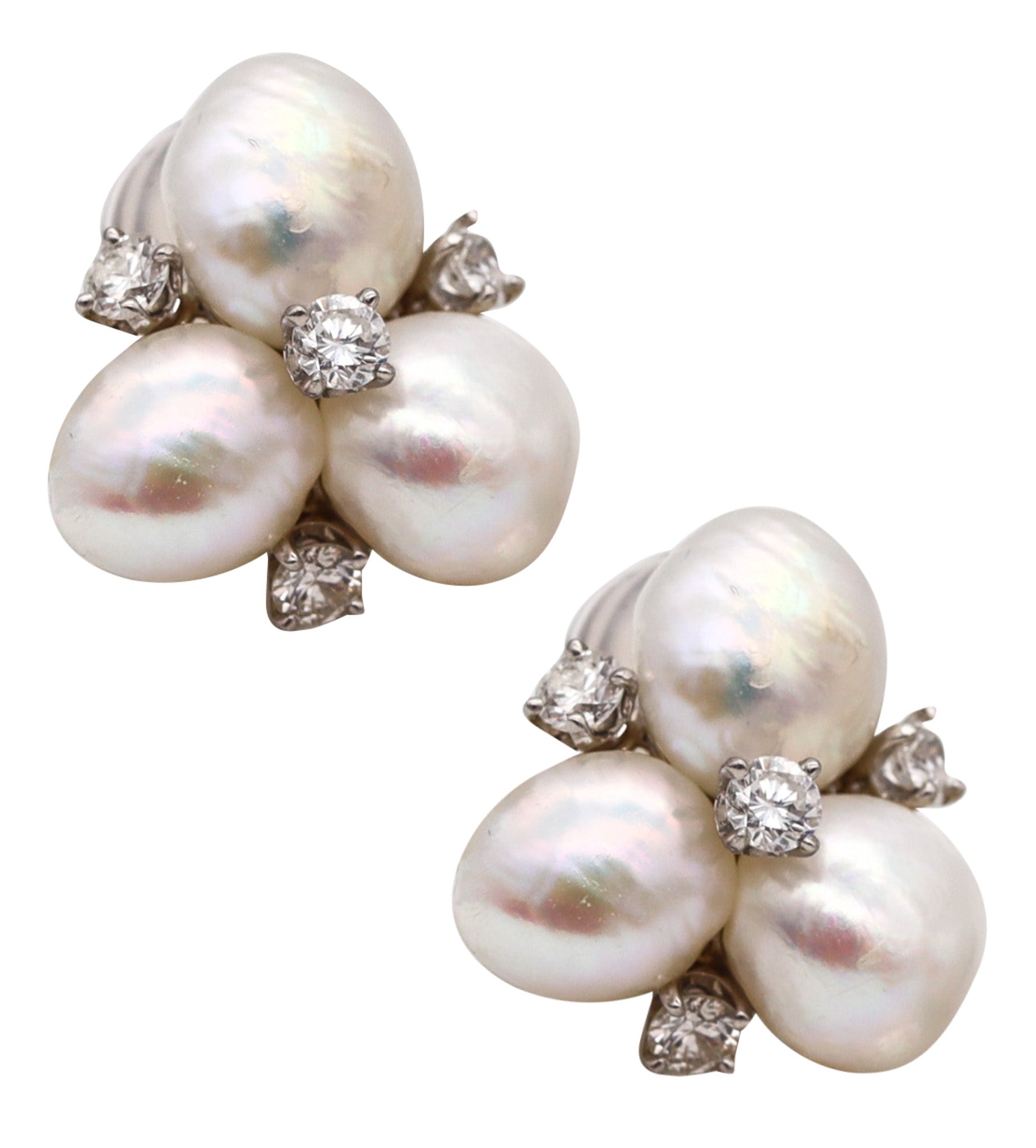 -William Ruser 1950 Clip On Earrings In Platinum With Natural Pearls And Diamonds