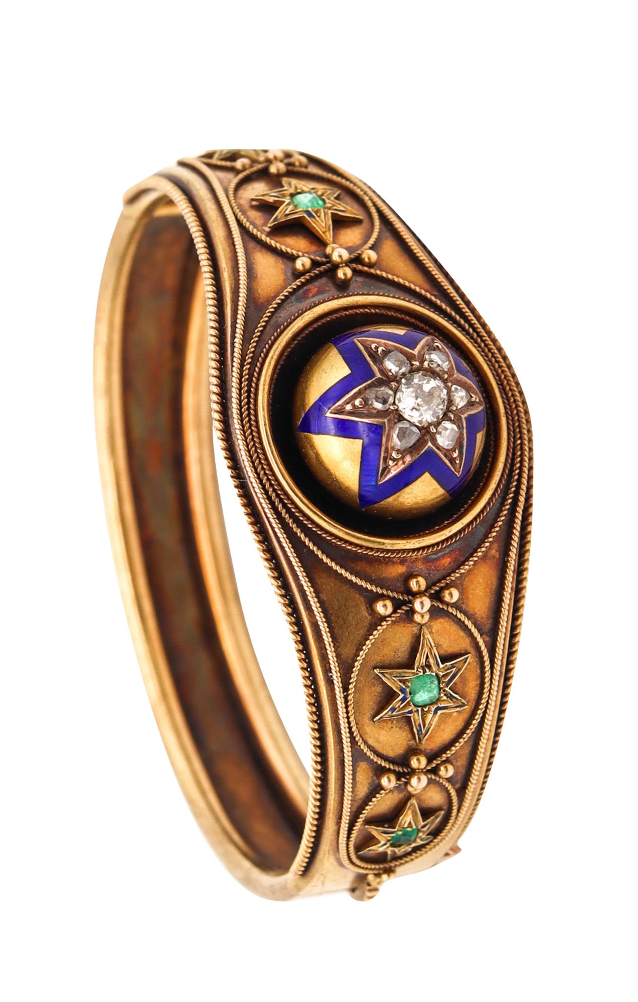 -Victorian 1870 Etruscan Revival Enamel Star Bracelet In 15Kt Gold With Diamonds And Emeralds